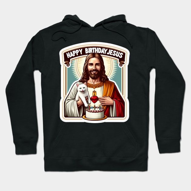 Happy Birthday Jesus with a White Cat and Birthday Cake Hoodie by Plushism